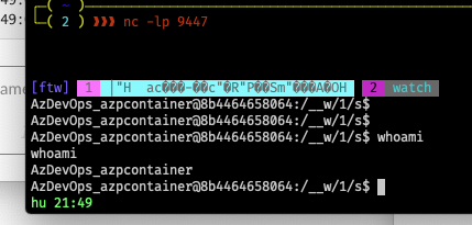 a screenshot of a reverse shell session, with the whois command showing the user as AzDevOps_azpcontainer