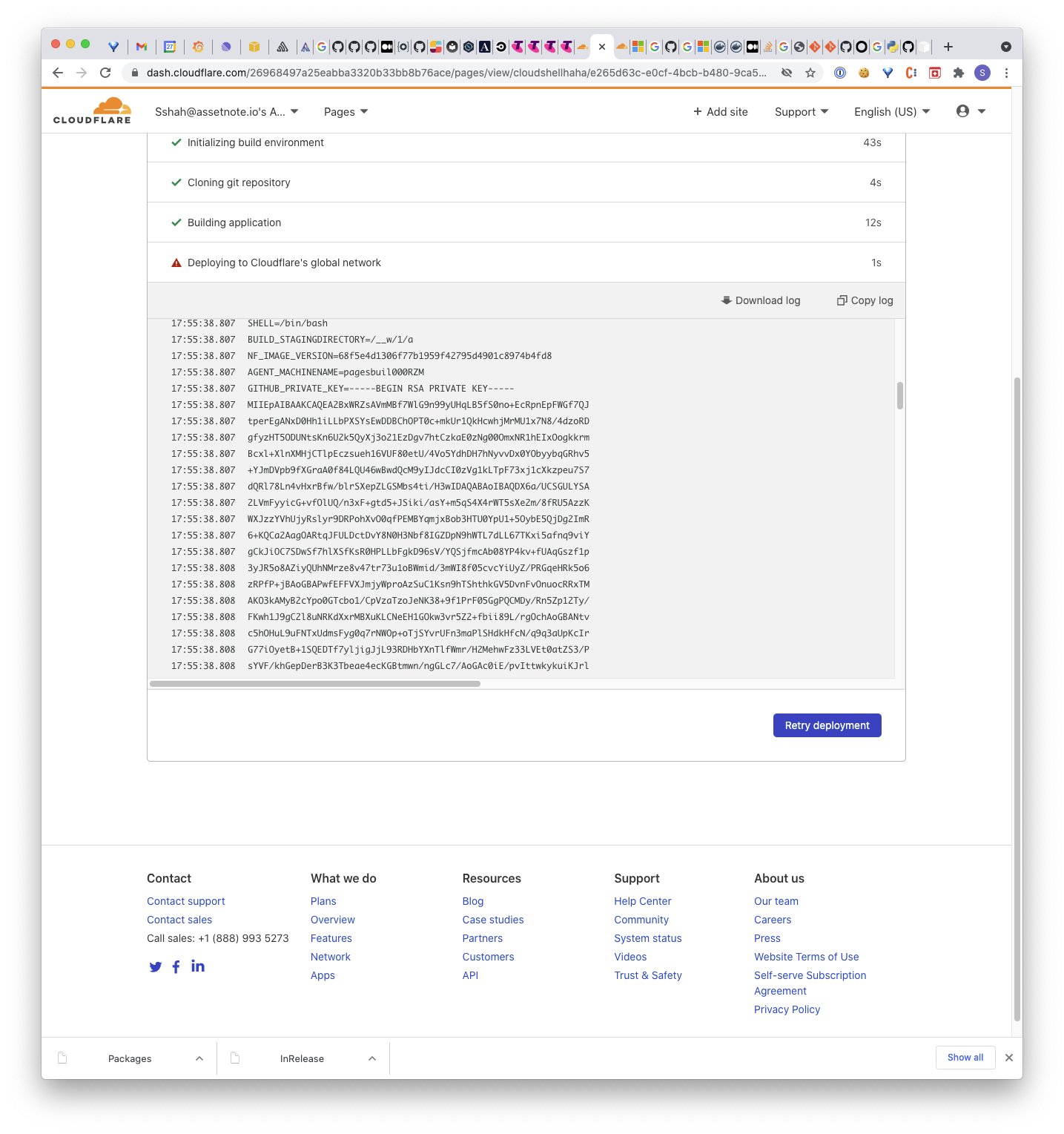 a screenshot of the build progress in the cloudflare UI showing a base64 blob which contains the private environment variables from the build agent when decoded.