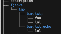 a console directory listing showing a hierarchy of folders, starting at 'f;env>' with child folders 'tmp', 'bar.txt;' and 'bar.txt;echo'