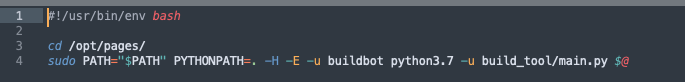 a bash script with the command 'sudo PATH="$PATH" PYTHONPATH=. -H -E -u buildbot python3.7 -u build_tool/main.py $@'