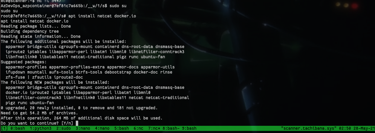a screenshot of the reverse shell after running sudo to gain root access in the container, and installing the docker package